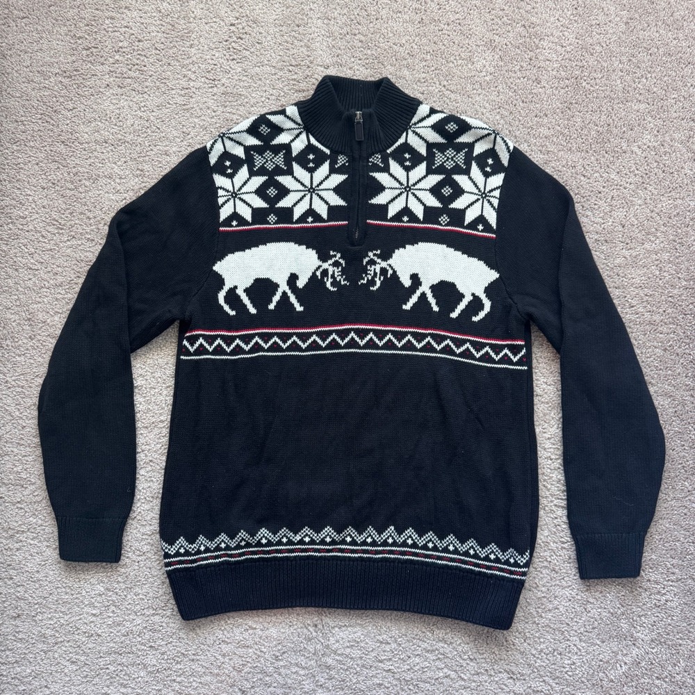 Chaps Mens Black Fair Isle Reindeer Snowflake Quarter Zip Xmas Cotton Sweater L